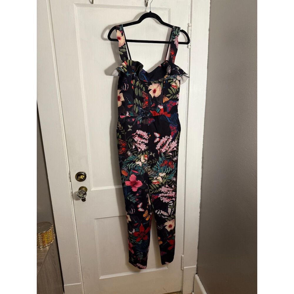H&M Black Floral Strap Jumpsuit with Pink & Green Print